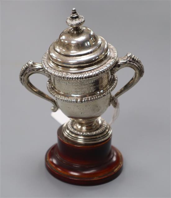 A small George V silver two handled presentation cup and cover, Alexander Clark Co. Birmingham, 1927,(a.f.), 8.5 oz.